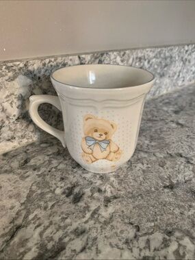 Ceramic Teddy Bear Mug in Cream with Blue Bow Tienshan Stoneware